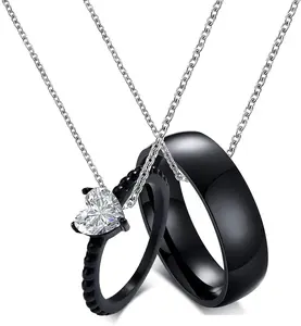 Zircon Black Ring Necklace Matching Couple  Necklace for Him and Her sets for 2-Stainless Steel