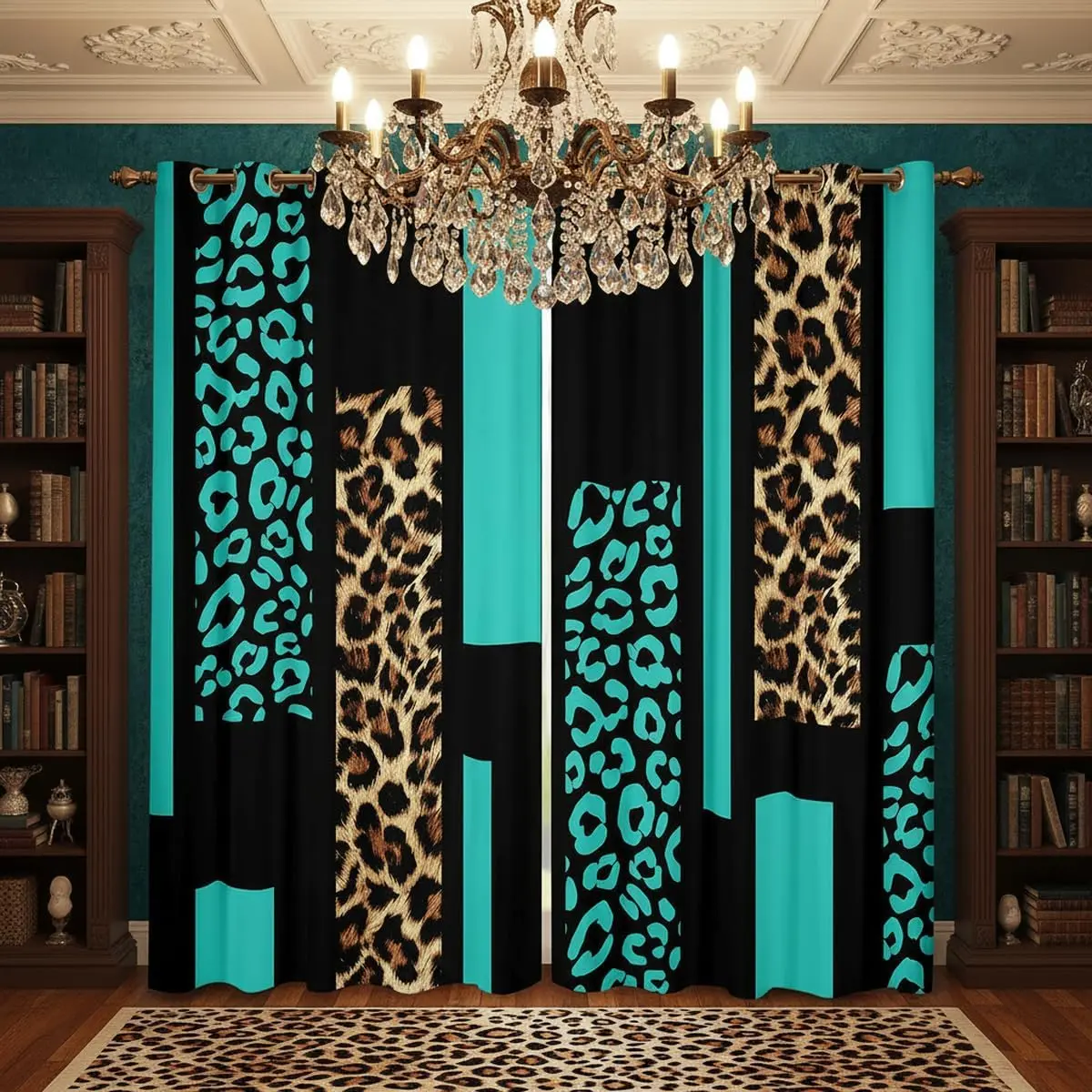 Leopard Print Blackout Curtains Teal Brown Stripes Cheetah Curtains African Wild Animal Skin Pattern Window Treatments Geometric Modern Abstract Drapes 2 Panels