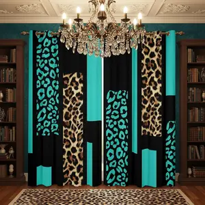 Leopard Print Blackout Curtains Teal Brown Stripes Cheetah Curtains African Wild Animal Skin Pattern Window Treatments Geometric Modern Abstract Drapes 2 Panels