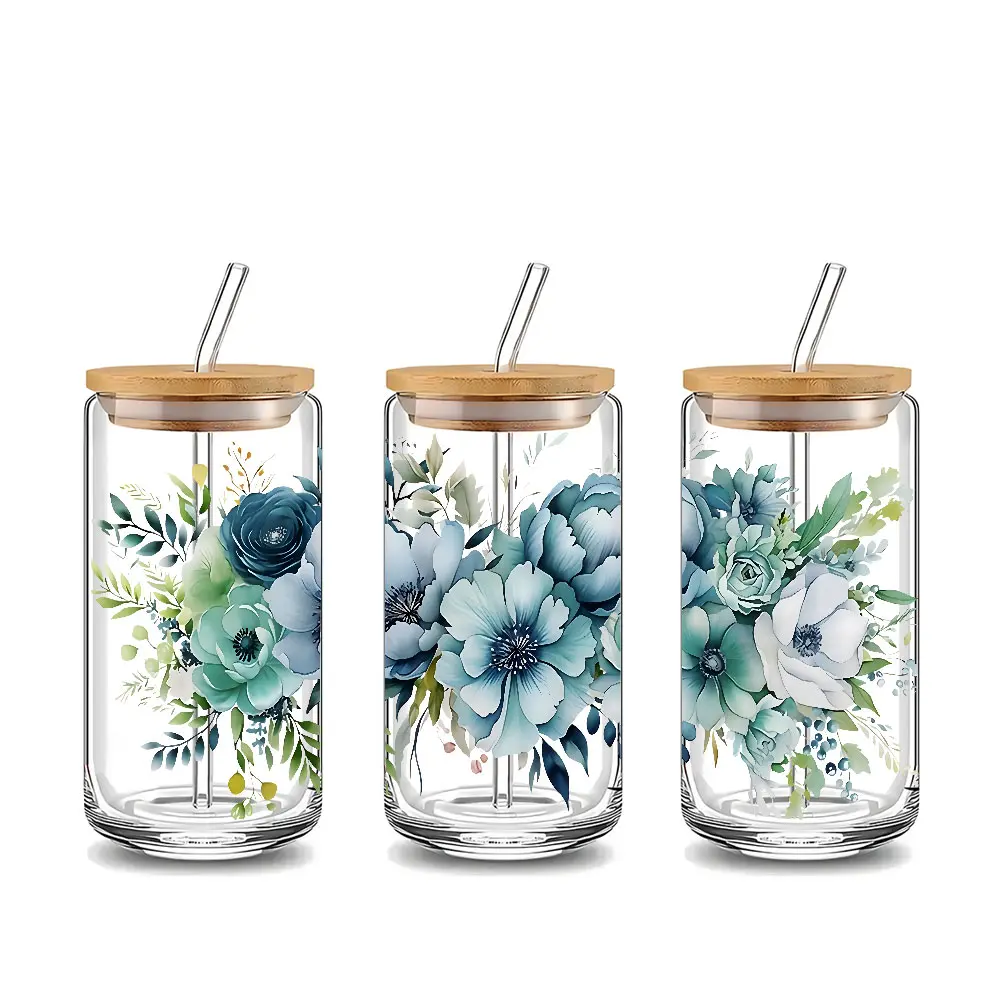 Bohemian Blue Floral Design 16oz Clear Glass Water Cup with Lid and Straw, Bamboo Lid Reusable Glass Drinking Cup, Glass Jar Design, Suitable for Iced Coffee, Cold Drinks, Glassware, Drinkware, Clear Water Tumblers, Clear Cups with Lids and Straws