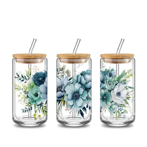 Bohemian Blue Floral Design 16oz Clear Glass Water Cup with Lid and Straw, Bamboo Lid Reusable Glass Drinking Cup, High-Quality Glass Jar Design, Suitable for Iced Coffee, Beer, Juice, Milk, Cold Drink Glass Cups, Fashionable Glassware