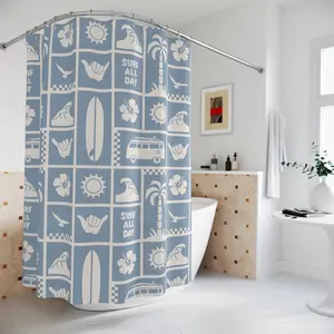 Surf Shower Curtain | Coastal Beach Bathroom Decor | Surfboard Wave Palm Tree Pattern | Blue Ocean Nautical Curtain