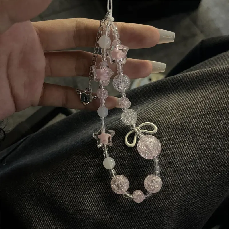 ins style sweet and cool light luxury girl pink flower burst beads alloy bow tie mobile phone chain phone case accessory ccd camera chain bead string Phone Strap Phone Charms Phone Accessories
