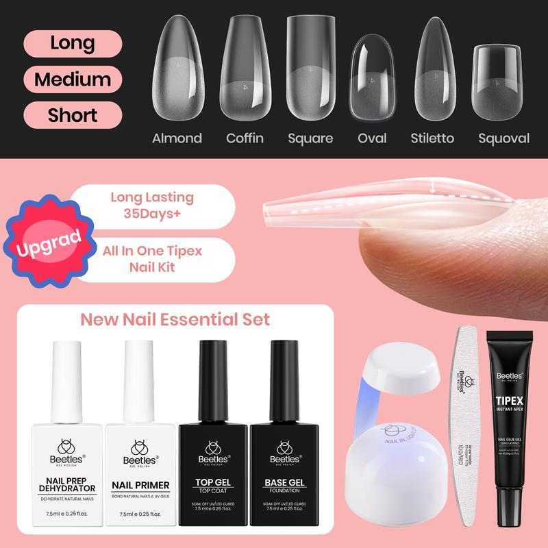 Beetles Tipex Nail Extension Tips Kit, with Nail Prep Kit, Base Gel, Top Gel, Almond/Coffin/Square/Oval/Stiletto/Squaoval Thick Acrylic Nail Flat Nails Manicure Gel Art DIY Nails Art Fall Nail Halloween Nail Black Friday Winter Nail Christmas Gift