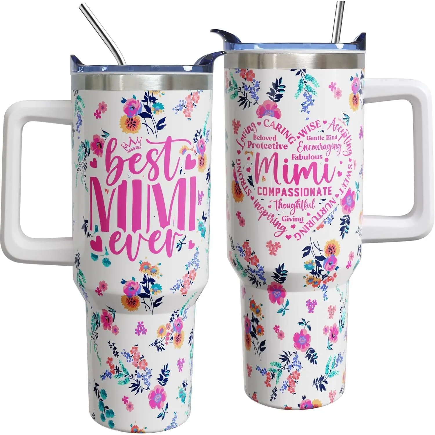 40 oz Stainless Steel Vacuum Flask Set - Leakproof Insulated Container, Tumbler with Handle, Sliding Lid & Straw, Elegant Floral Birthday Gift for Grandma, Flasks