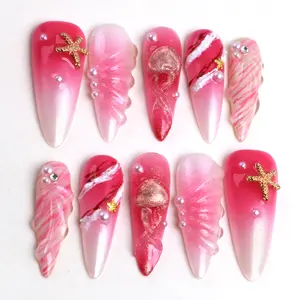 PG58 Mermaid's Cove Press on Nails|100% 3D Handmade Acrylic | Almond Shape | Reusable& Long lasting Salon Quality | Elegant Daily & Daily Wear