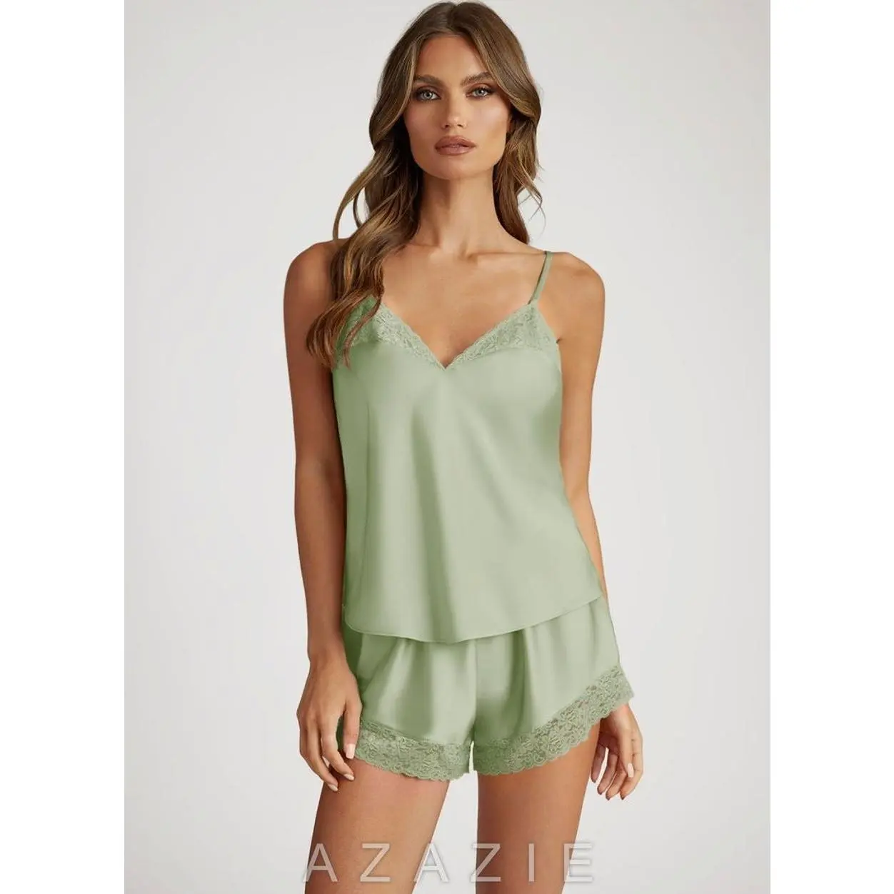 Satin Lace Trim Cami and Shorts Pajama Set