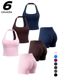 Women's Summer Outdoor Sports Halter Top and Shorts Set, 6-Piece for Daily Commute, Casual Wear, Fitness, and Leisure