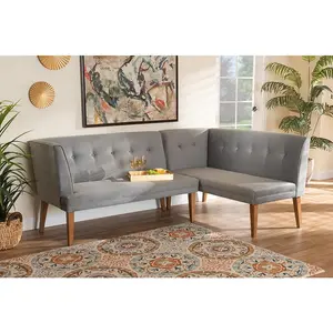 Stewart Mid-Century Modern Grey Velvet Upholstered and Walnut Brown Finished Wood 2-Piece Dining Nook Banquette Set