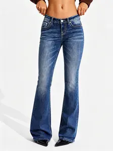 Western Style Low Rise Flare Denim Pants with Feather Embroidery, Stretchy Slimming Bootcut Pants