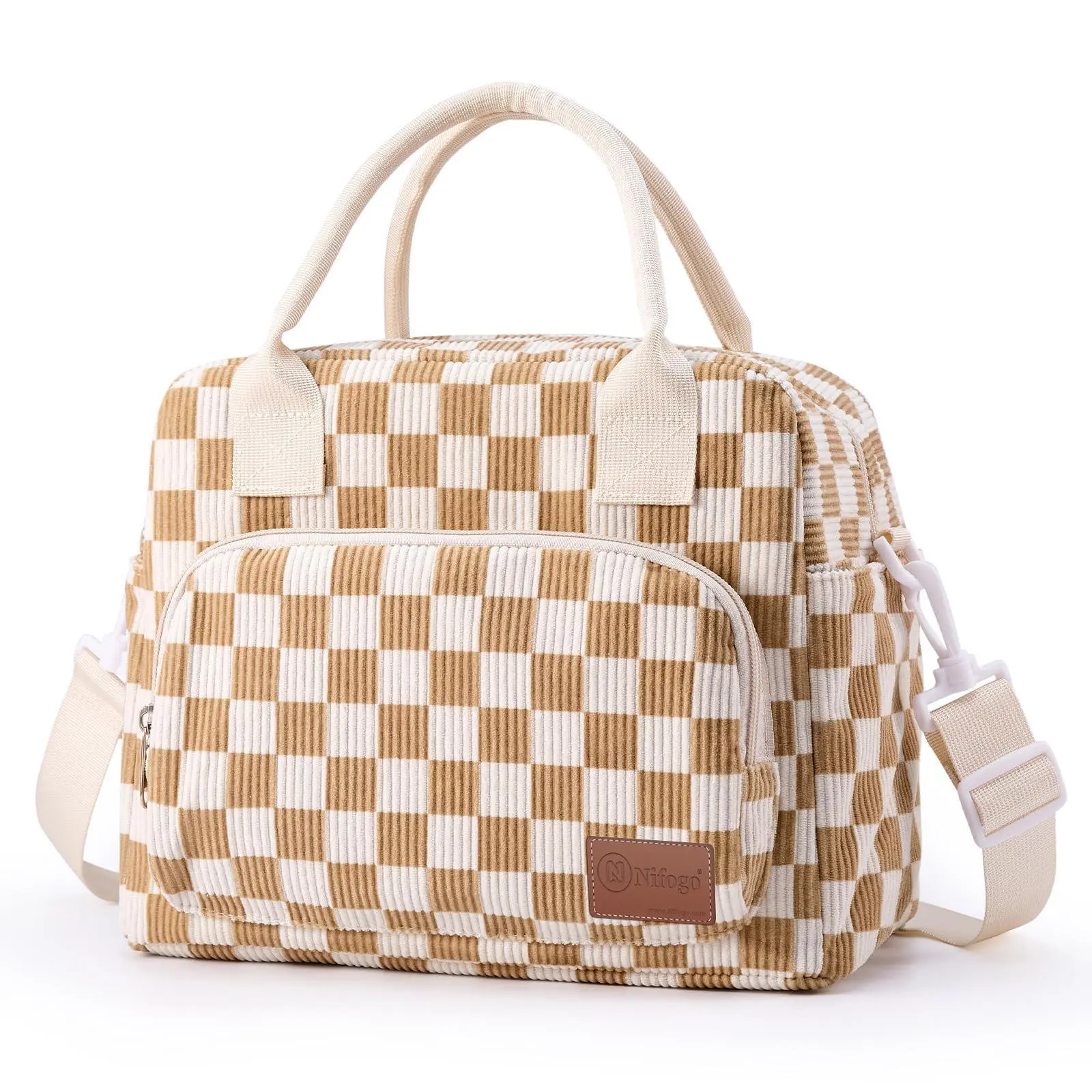 Nifogo Checkered Plaid Insulated Lunch Bag For Women Corduroy Fabric Multi Pocket Leakproof PEVA Liner Two Way Zipper Shoulder Strap Lightweight Wear Resistant For Work School Picnic