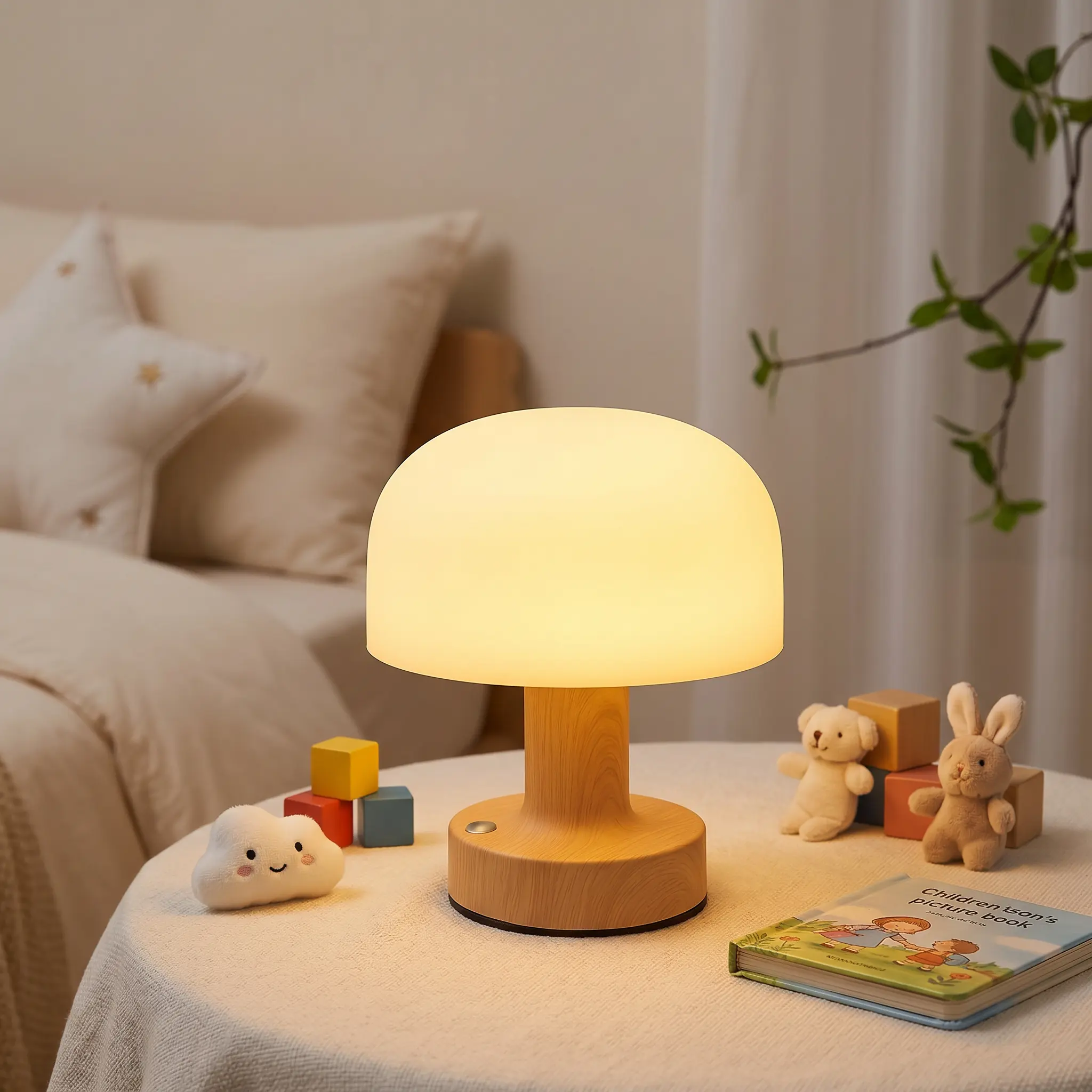 Cute Aesthetic Wood Grain Mushroom Lamp - 30H Max Battery, 3-Color Stepless Dimming, Touch Control, Cordless Small Bedside Night Light, Dorm Essential, Cozy Minimalist Home Decor