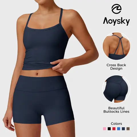 Aoysky Women's 2-Piece Matching Workout Set - Seamless Sport Clothing, Buttery Soft Breathable Activewear, Padded Halter Top That Stays Put, High-Waist Smoothing Shorts for Yoga