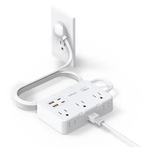 JcBlaon 5ft Wall Mount Surge Protector Power Strip - 6-Port Socket Extension, 4 USB (2 USB-C) Ports, Flat Plug, Multi-Charge Desk Charging Station, Tucks Behind Desk, Indoor Use for Dorms