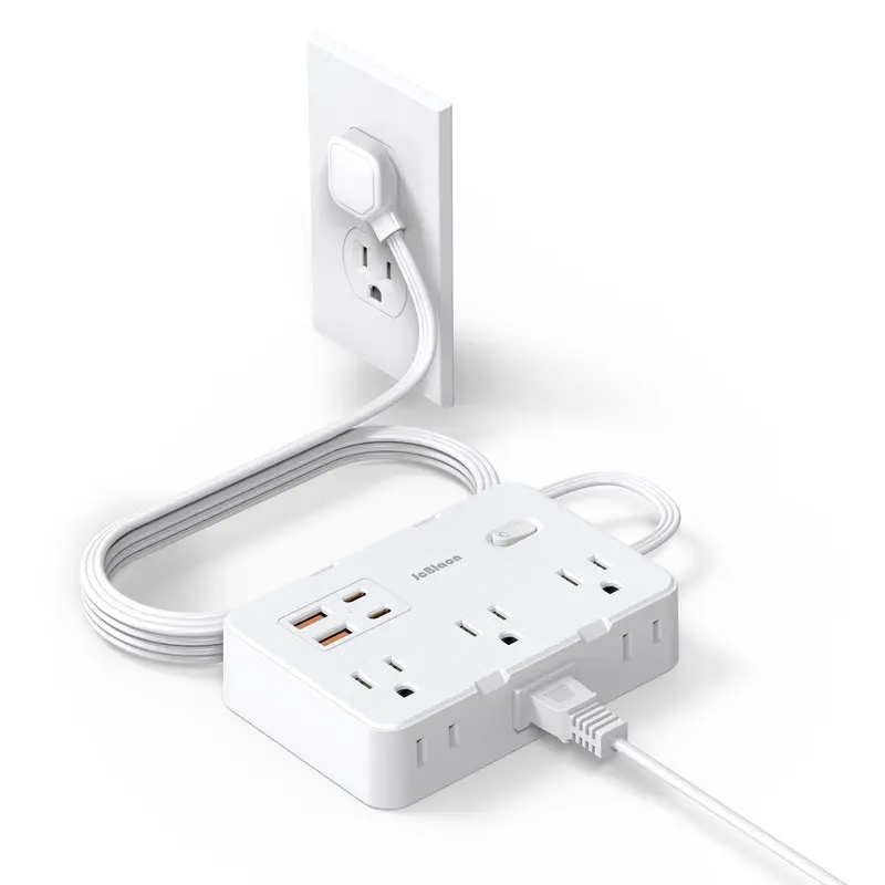 JcBlaon 5ft Wall Mount Surge Protector Power Strip - 6-Port Socket Extension, 4 USB (2 USB-C) Ports, Flat Plug, Multi-Charge Desk Charging Station, Tucks Behind Desk, Indoor Use for Dorms