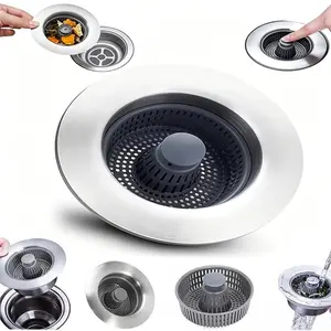 3-in-1 Sink Drain Bouncing Core Plug, Stainless Steel Anti-Clog Odor Filter Basket, Leak-Proof Rebound Design Sink Strainer for Kitchen Bathroom Easy Clean