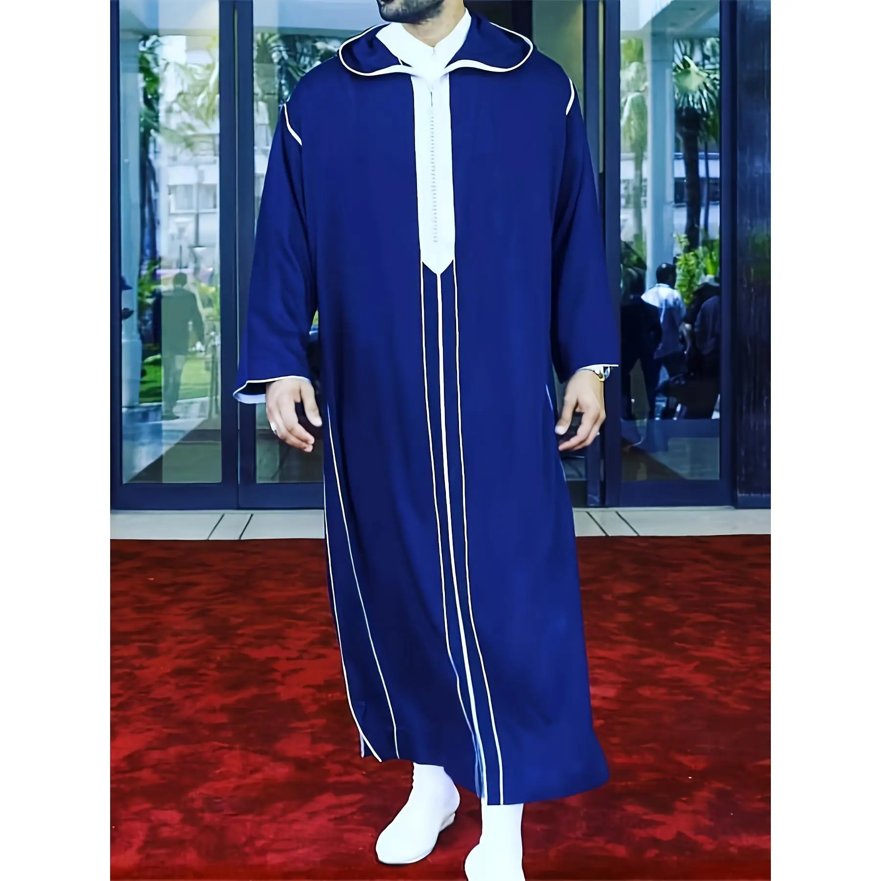 Moroccan Men'S Hooded Kaftan, Polyester 100%, Elegant Traditional Non-Stretch Striped Fabric, Loose Fit, with Fake Button Detail, for Spring/Fall Wove