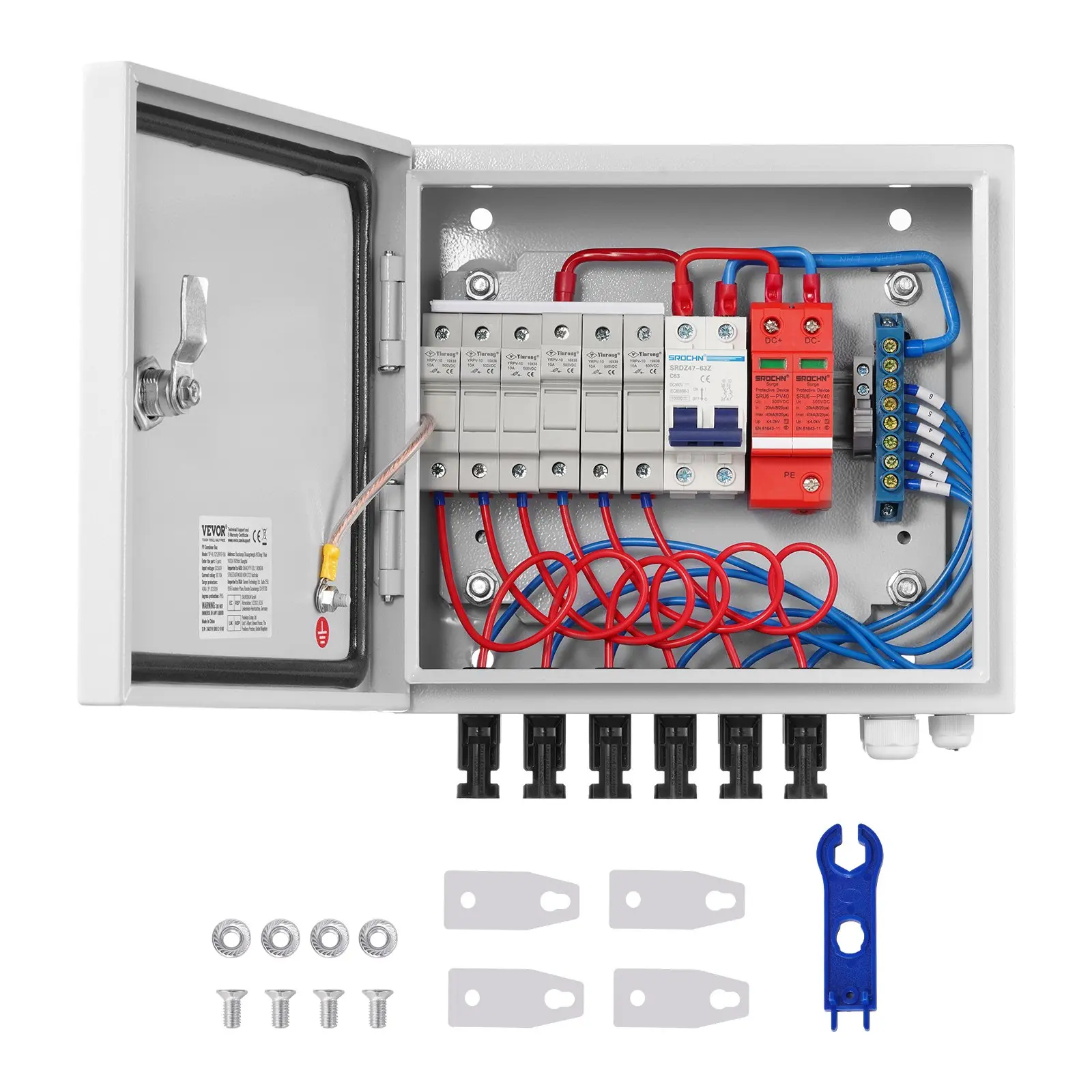 VEVOR PV Combiner Box, 6 String, Solar Combiner Box with 15A Rated Current Fuse 125A Circuit Breaker Lightning Arrester and Solar Connector, Steel Case for On/ Off Grid Solar Panel System, IP65