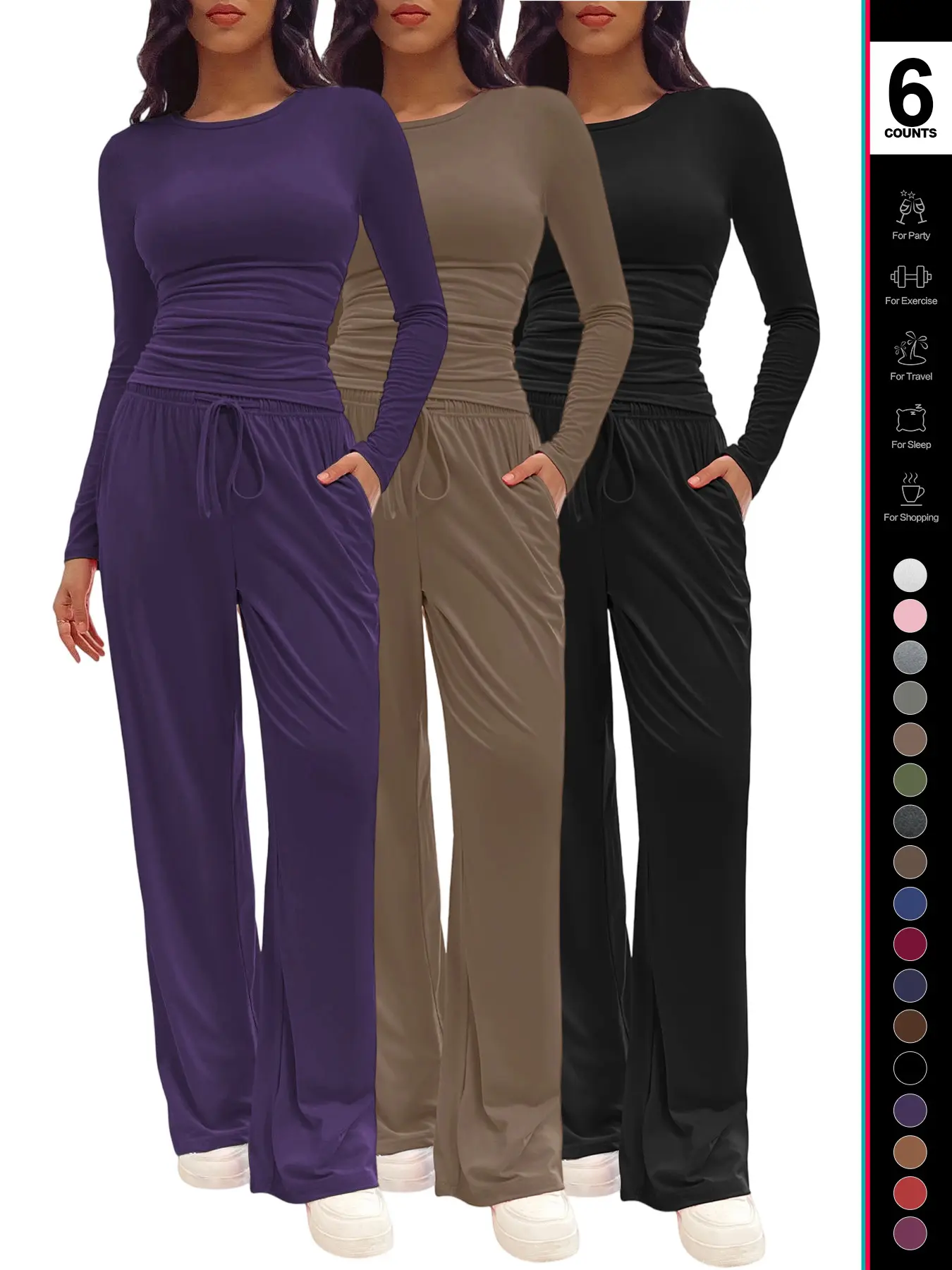 Women's Solid Ruched Drawstring Loungewear Set, Casual Fit Long Sleeve Round Neck Top & Pocket Wide Leg Trousers, Ladies Sleepwear for All Seasons Women's Solid Ruched Drawstring Loungewear Set, Casual Fit Long Sleeve Round Neck Top & Pocket Wide Leg Trousers, Ladies Sleepwear for All Seasons