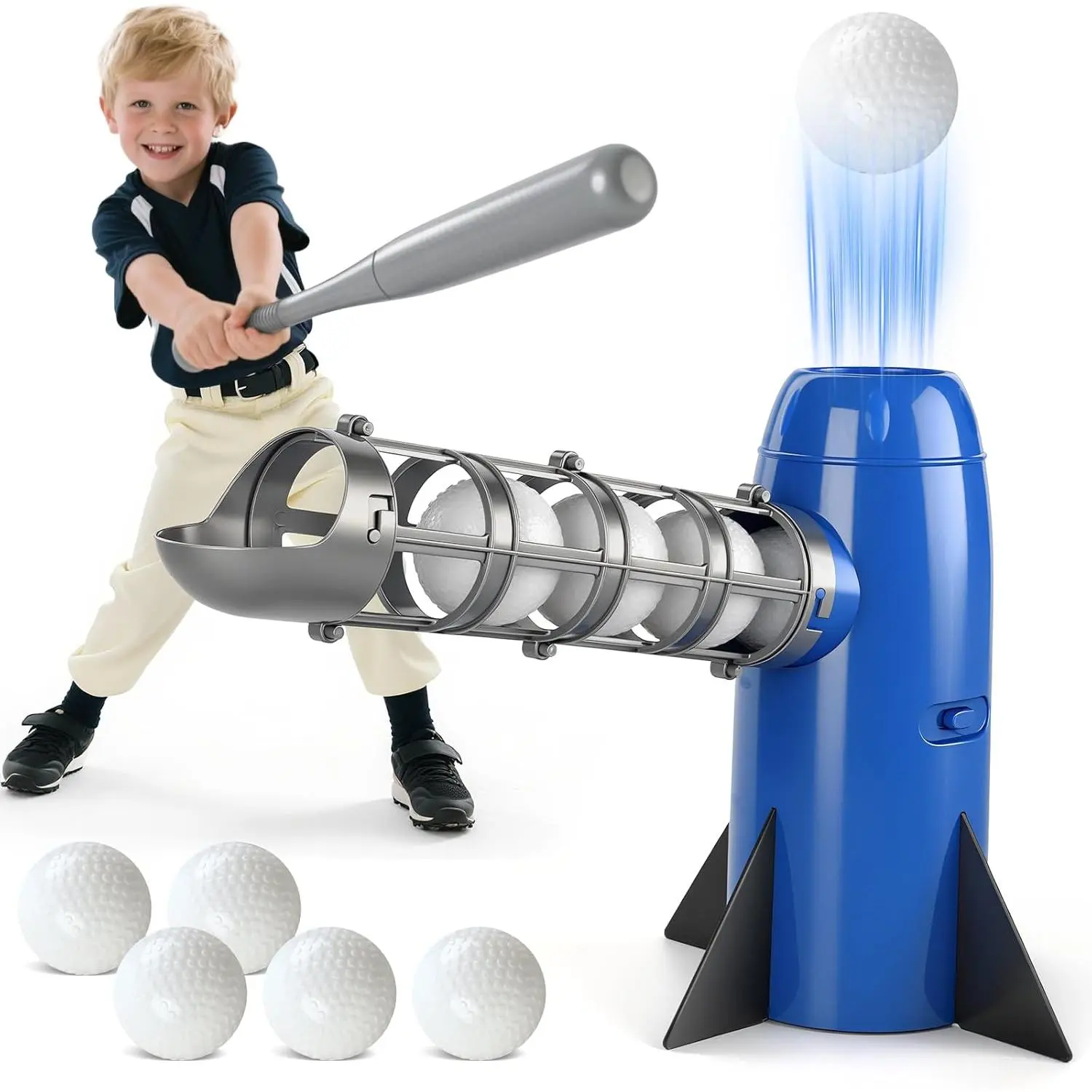 Kids' Automatic Baseball Pitching Machine - Batting Practice Equipment for 5 and Up, 6-8 Years, Includes 5 Soft Plastic Balls & Bat, Pop Up Tball Trainer, Blue (Ideal for Birthday & Holiday Gifts), Automatic Pitching