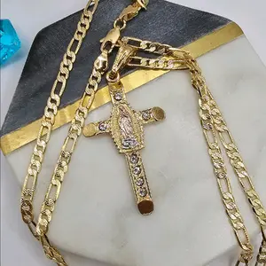VIRGIN MARY beautiful cross necklace gold plated Figaro style