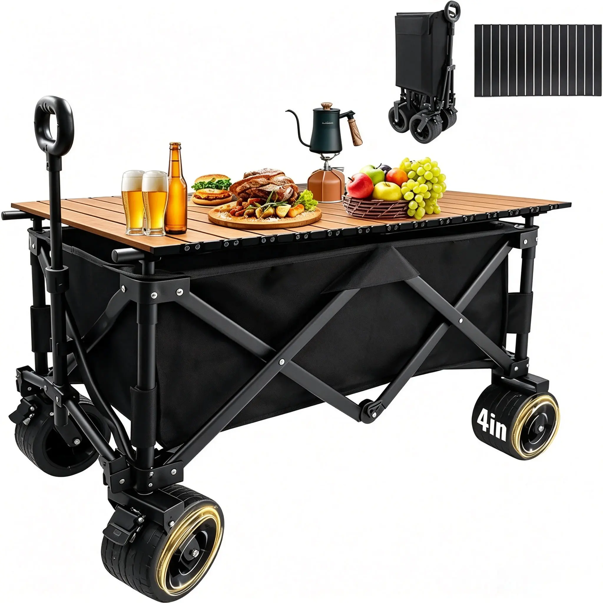 Heavy Duty Collapsible Folding Wagon with Table  440LBS Capacity Utility Cart with All-Terrain Wheels, Large Waterproof Foldable Beach Camping Wagon for Garden, Sports and Picnics, Black