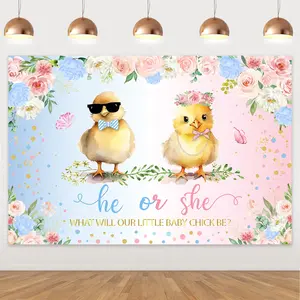 1Set Chicken Themed He or She Gender Reveal Backdrop Foral Chick Gender Reveal Photography Background Pink Blue Flowers Backdrop for Boy Girl Baby Shower Decor Newborn Party Decor Supplies 3  5ft