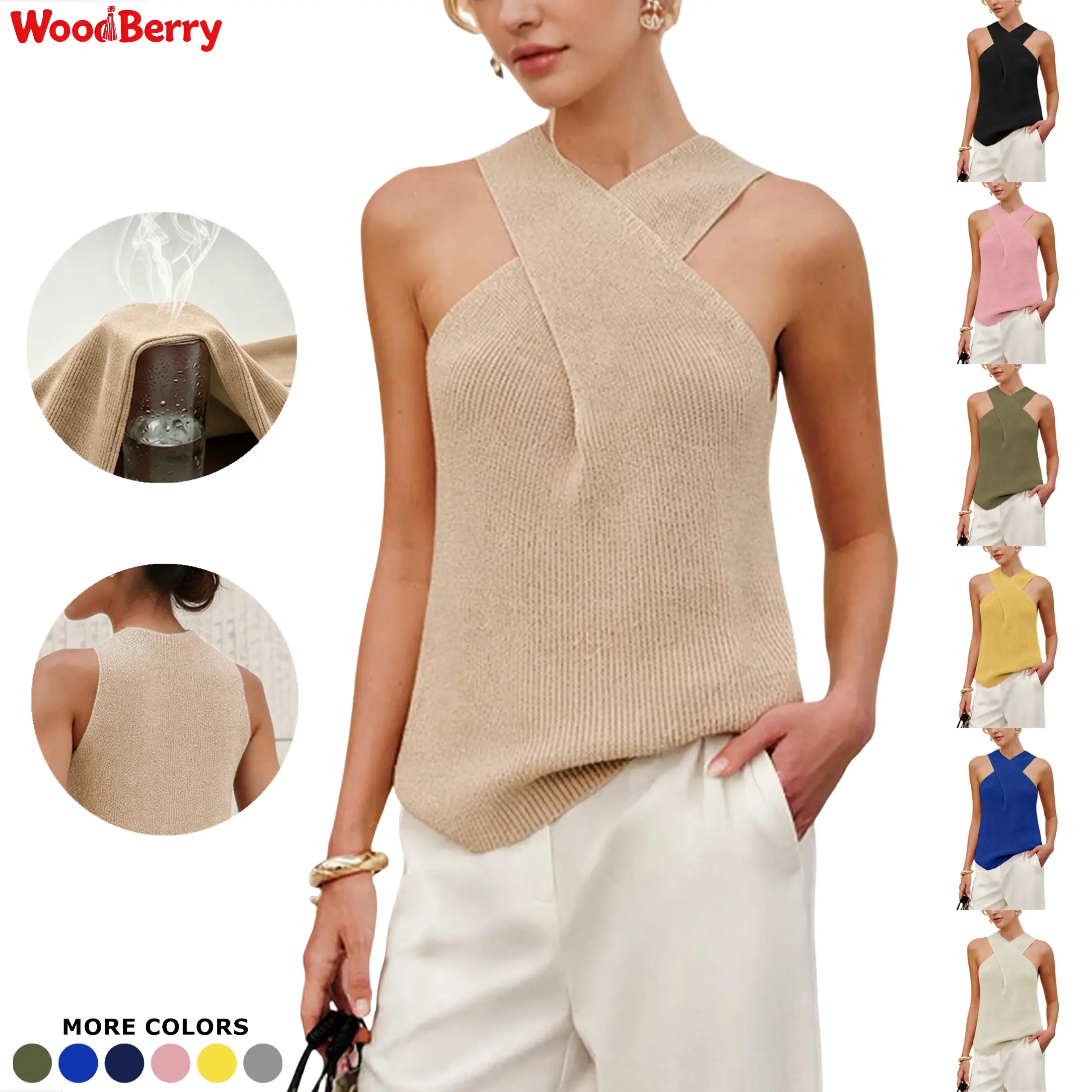 Woodberry Women's Fitted Halter Neck Tank Top - Minimalist Basic Plain Soft Stretchy Knit, Cross Over Collar, Solid Color, Casual Breathable Sleeveless Blouse for Summer, Beach Travel, Basics