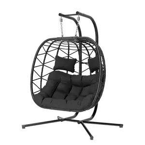 Swing Egg Chair for 2 Person, Up to 600 lbs,Egg Chair with Stand, Outdoor Indoor Wicker Rattan Hanging Egg Chair with Cushion, Porch Swing,Christmas gift