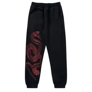 Pythonic Unisex Streetwear Straight Fit Sweatpants - Black Cotton Blend Jogger Pants with Red Snake Graphic, All Seasons, Tapered Fit, Adjustable Drawstring Waist, Side Pockets