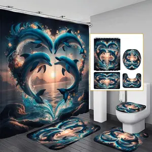 Dolphin Pattern Bathroom Decorations, 4 Counts/set Including Shower Curtain & Toilet Lid Cover & Mat & U-shaped Mat, Bathroom Decor Supplies