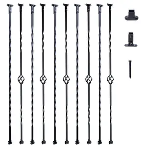【fathersdaygift】VEVOR Staircase Metal Balusters, 44'' x 1/2" Galvanized Steel Decorative Banister Spindles, 10 Pack Deck Baluster with Hollow Single Baskets, Twists, Spiral Stair Railing w/ Shoes & Screws, Home Accessory