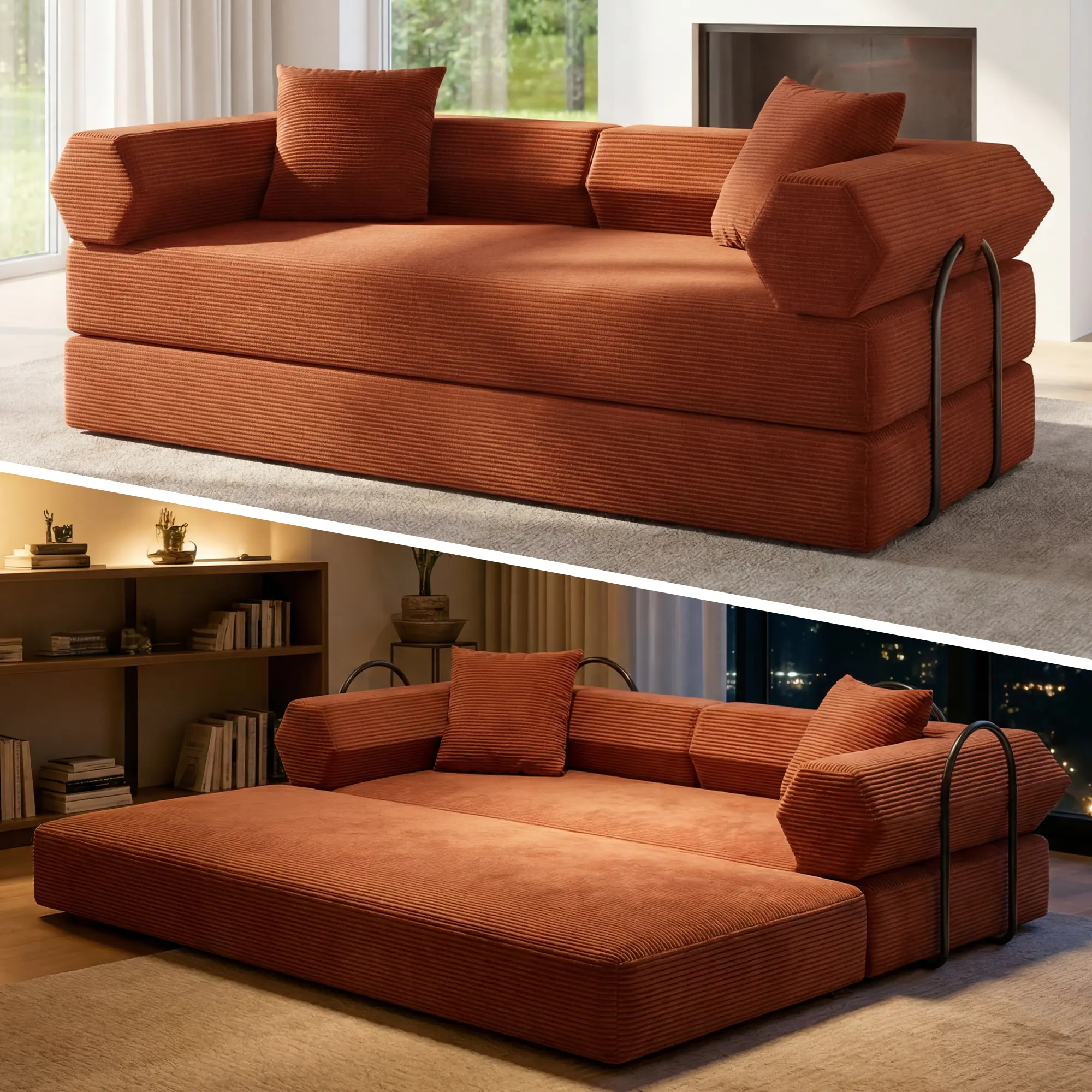 79" Angled Armrest Corduroy Sofa Bed, Compressed Floor Couch, Folding Lounge Sofa with 2 Headrest Pillows, Deep Seat Cloud Couch for Apartment & Living Room