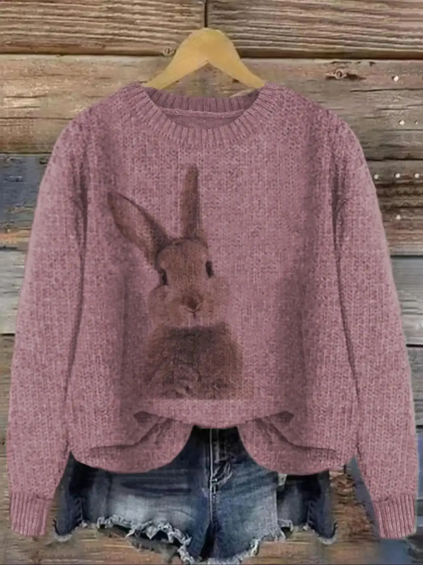 Women's Graceful Rabbit Print Drop Shoulder Sweater, Casual Style Baggy Long Sleeve Round Neck Jumper for Fall & Winter, Fashion Ladies' Knitwear for Daily Wear, textured elegance, cozy refinement, knit sophistication