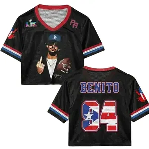 Black Benito F*ck Finger Crop Top Mesh Football Jersey, Puerto Rico Flag Crop Top Football Jersey Shirt, Gift for Unisex