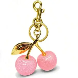 Cherry Keychain - Pink Cherry Design with Gold Leaf and Ring - Perfect for Bags and Keys