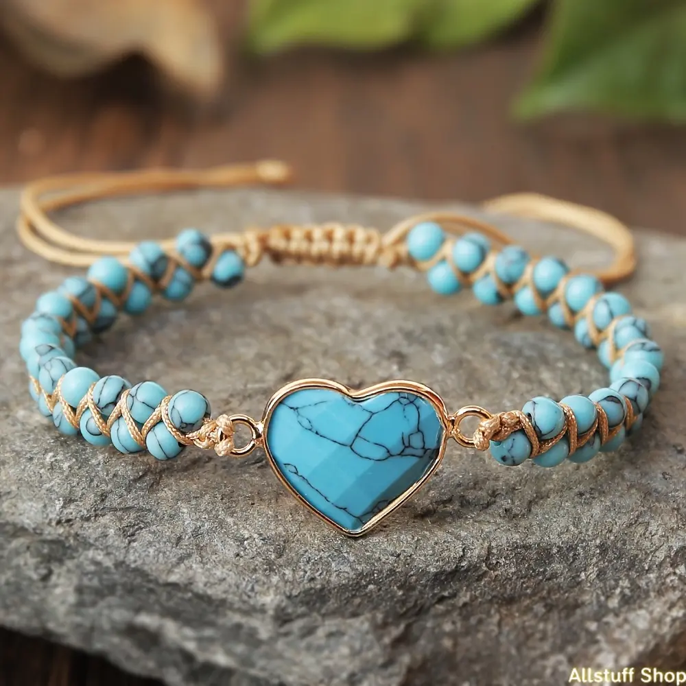 Turquoise Heart Bracelet for Women, Handwoven Bohemian Rope with Natural Stone and Stainless Steel Details, Birthday Gift, Rope Bracelet, Bohemian Bracelets
