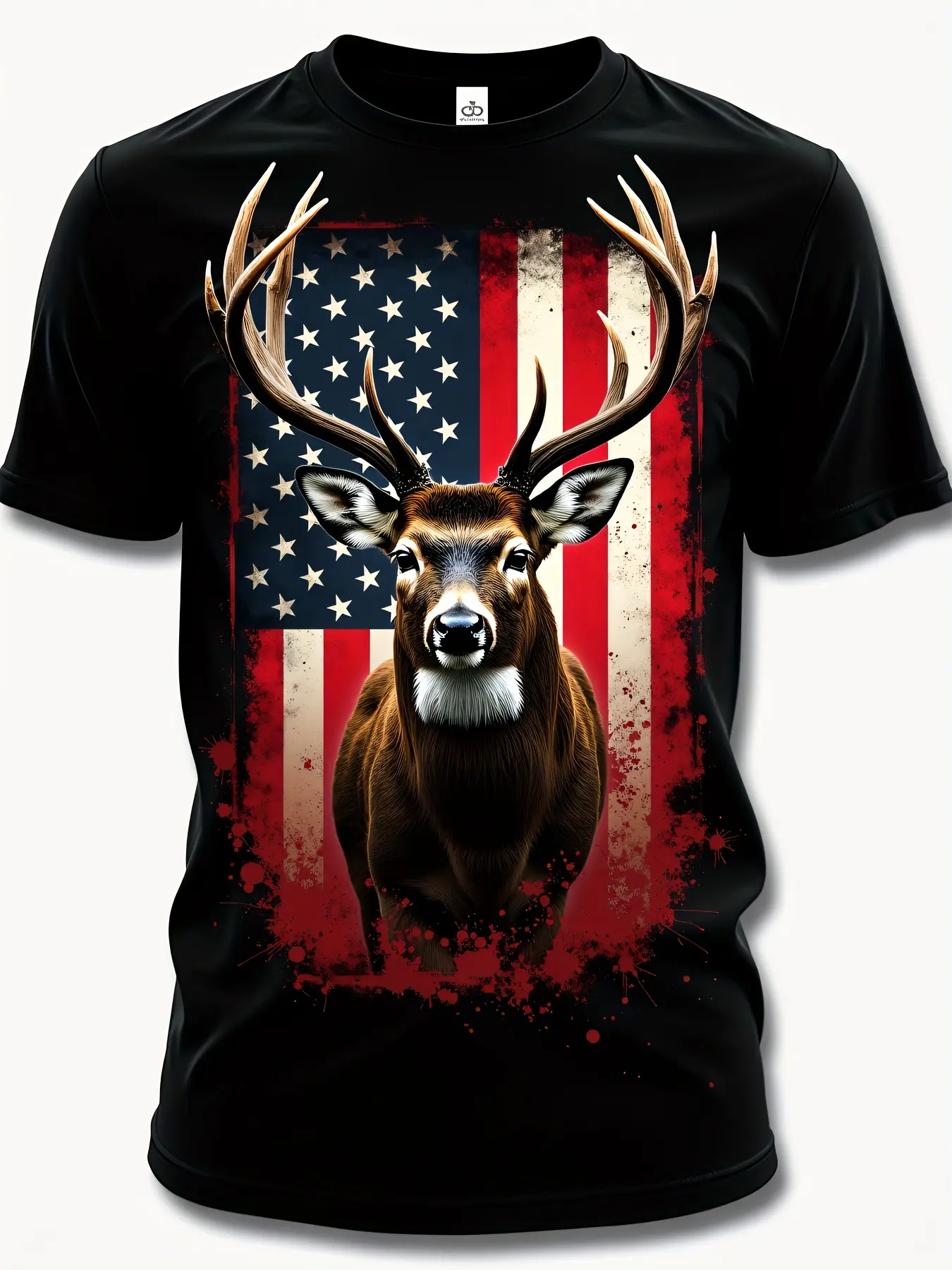 Men'S Patriotic Deer Hunting Graphic T-Shirt -  Cotton, Casual Crew Neck, Short Sleeve, Regular Fit, All-Season Wear, American Flag Design with Deer Head & Stars, Everyday Tshirt |   Patriotic Apparel |   Cotton Fabric