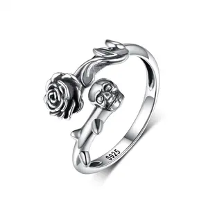 S925 Vintage Rose Skull Open Ring, Gothic Style Floral Design with Bone Detail, Mystical Fantasy Adjustable Ring for Dark Romance Lover, Personalized and Trendy Unisex for Daily Wear, Punk Style Rock Style