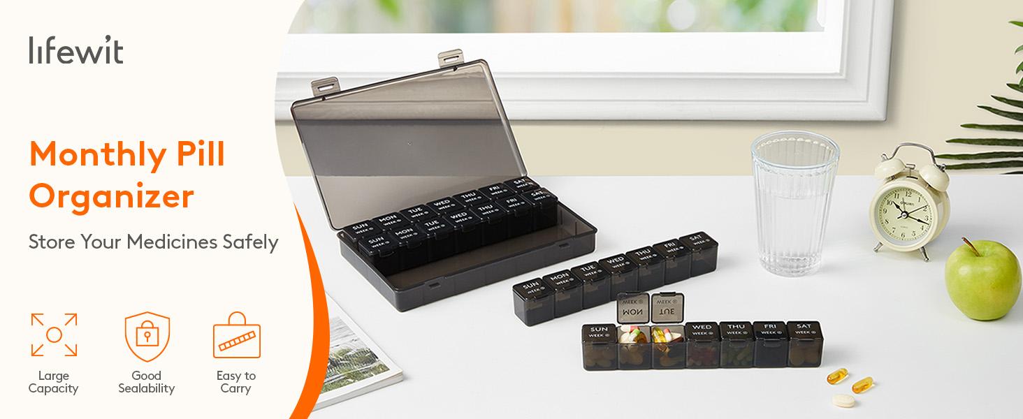 Lifewit Monthly Pill Organizer - 28 Day Pill Box with 4 Weeks One Month Pill Cases, Large Compartments for Vitamins, Fish Oils & Supplements