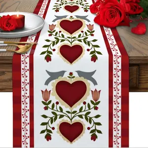 1pc Table Runner Dresser Scarf Valentine's Day Vintage Heart Flower Red Striped Table Runner Kitchen Dining Coffee Table Decor Farmhouse Party Holiday Dinner