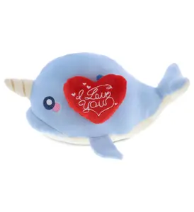 DOLLIBU Animal Theme Super Soft Polyester Stuffed Toy - Blue Narwhal with Embroidered Red "I Love You" Heart, Unisex Baby-Soft Toy for Ages 0-12, Embroidered Heart