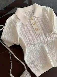 Women's Solid Color Fitted Polo Collar Short Sleeve Sweater, Casual Fashion Gold Button Textured Knit Top for Summer, Fashion Women's Knitwear for Daily Wear, Womenswear