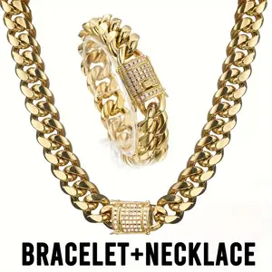 6/8/10/14mm 18K Gold-Plated Miami Cuban Link Necklace & Bracelet Set with Diamond Clasp Stainless Steel Iced CZ Cuban Chain Jewelry Kit for Men 7.5-30"