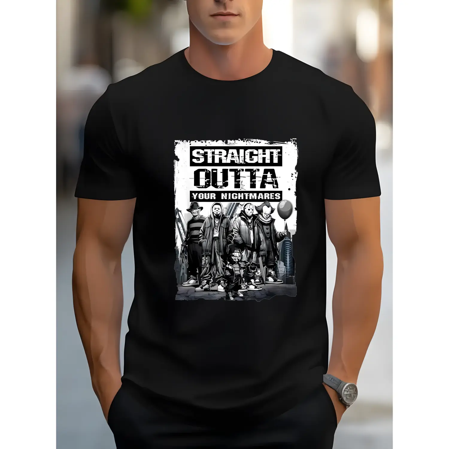 Menswear Casual Round Neck Short-Sleeve Vintage Halloween Horror Cotton T-Shirt, Unisex Tshirt for Men and Women