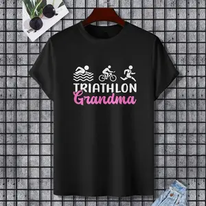 Triathlon Grandma | Triathlete Triathlons T-Shirt, 100% Cotton, Single Side Printed, Black Short Sleeve T-shirt, Gift for Family Friends, S-XXXL, 1 pc, Fabric Weight 180g