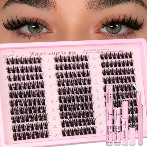 240pcs Mixed Length DIY Lash Extension Set, 8–16mm Curled Manga Cluster Lashes, Natural Dense Fluffy Synthetic False Eyelashes, Includes Bond & Seal, Remover and Eyelash Tweezers, eyelash clusters