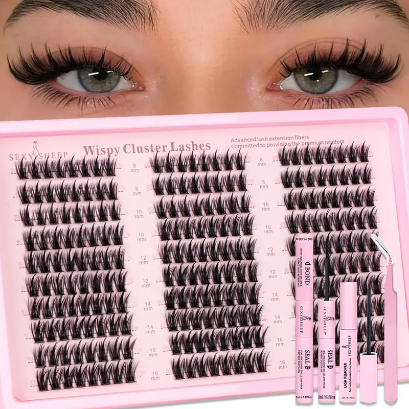 240pcs Mixed Length DIY Lash Extension Set, 8–16mm Curled Manga Cluster Lashes, Natural Dense Fluffy Synthetic False Eyelashes, Includes Bond & Seal, Remover and Eyelash Tweezers, eyelash clusters