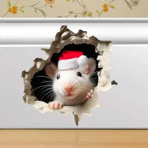 Christmas Mouse in Mousehole, Cracked Wall Decal Sticker, Removable Decor, Skirting Board, Baseboard, 3D Effect Kids Wall Sticker Artistic Decorative