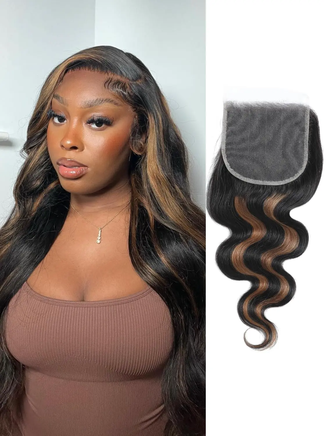 Brown and Black Highlight 2x6/4x4 Lace Closure Body Wave 12A Remy Human Hair, Pre-plucked with Baby Hair HD Transparent Lace Free-part Hairline Soft Ombre Honey Blonde Balayage Color F1B30